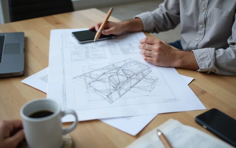 Professional reviewing structural drawings and elevation data at a table