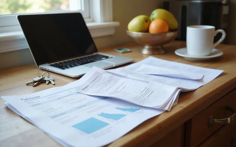 Real estate documents, a laptop, and a folder of repair records spread across a kitchen counter