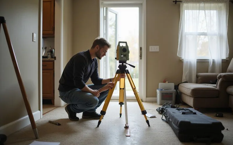 Relative elevation reading being taken on a home floor with an instrument on a tripod