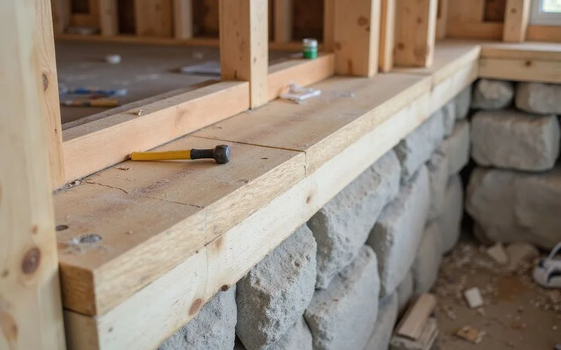 Replaced treated timber sill plate seated on a foundation wall with framing supported above