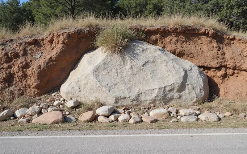 Rock outcrop and clay soil layers exposed in a North Texas roadside cutting