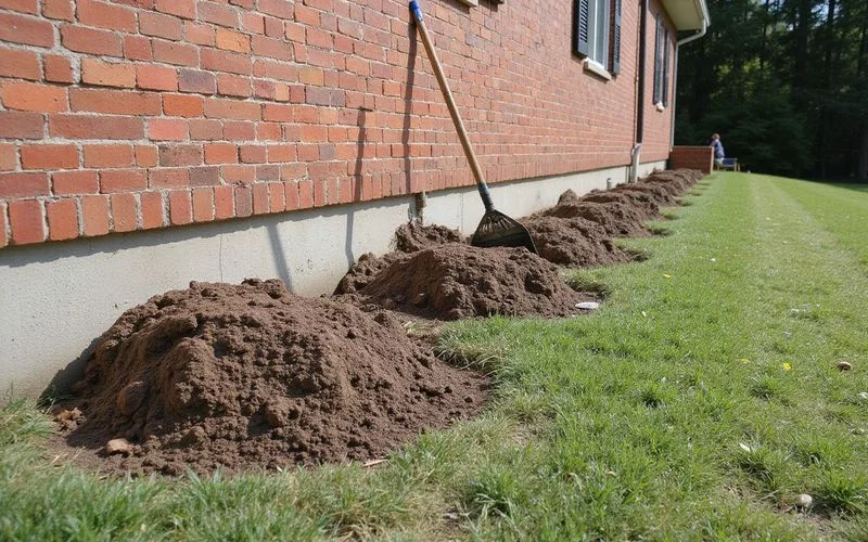Row of completed pier locations backfilled along a foundation line with the wall above intact