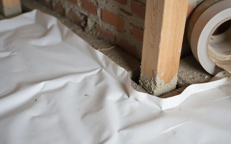 Sealed liner detail around a masonry pier and a pipe penetration in a crawlspace