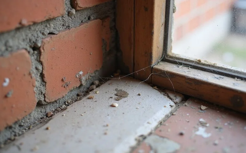 Separation between brick veneer and a window frame at the corner of an opening