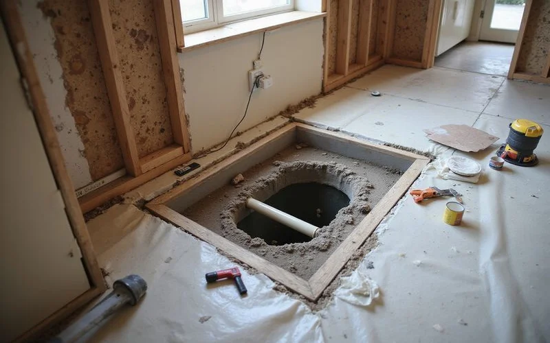 Small area of interior flooring opened for access to an under-slab plumbing line