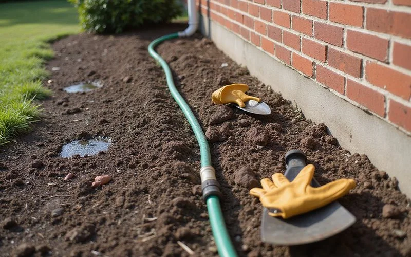 Soaker hose positioned about eighteen inches from a foundation wall along a flowerbed edge