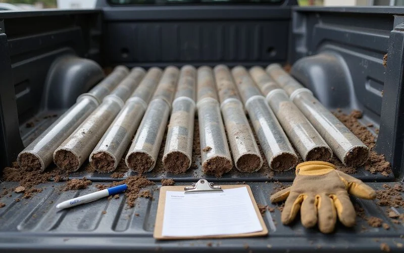 Soil boring sample tubes laid out showing different coloured layers from a site investigation