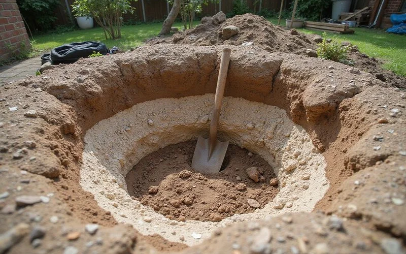 Soil profile in a shallow excavation showing darker clay over lighter limestone material