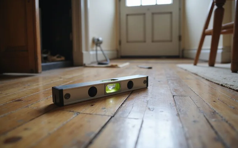 Spirit level resting on a repaired hardwood floor in an older home