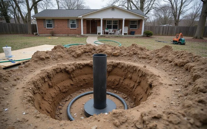 Steel pier and open excavation beside the foundation of a brick ranch home