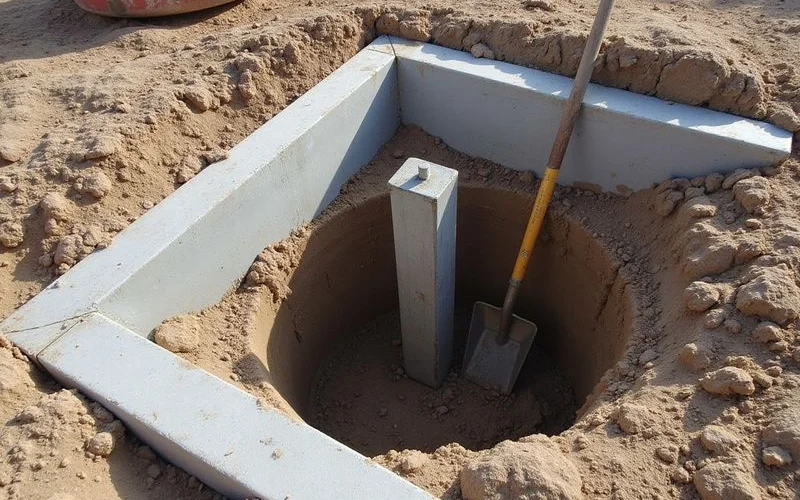Steel pier section positioned in an excavated hole next to a concrete slab grade beam