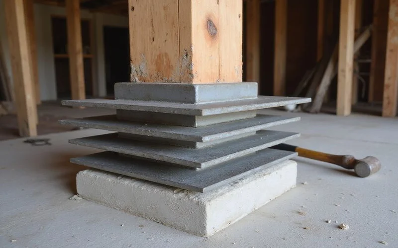 Steel shims stacked between a concrete pad and a timber post supporting a girder