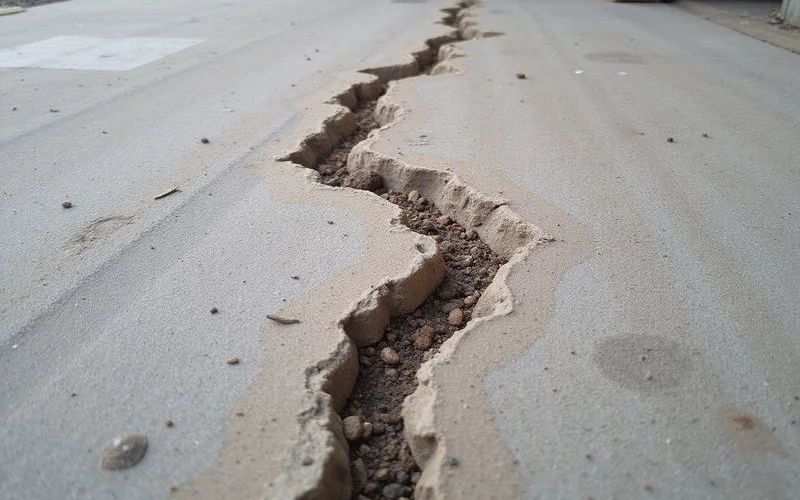 Structural crack with visible vertical displacement at the edge of a concrete slab