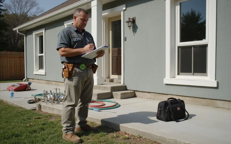 Technician noting pressure readings on a clipboard beside a home foundation