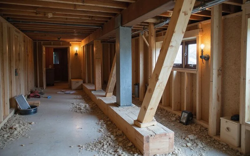 Temporary support post and beam set up in a crawlspace to carry load during framing repair