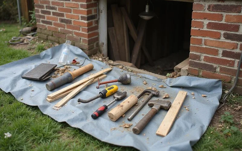 Tools, steel shims and timber staged beside a crawlspace opening ready for work