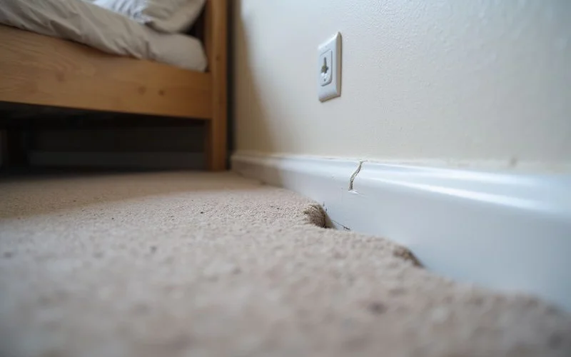 Visible gap between a baseboard and the floor along a wall in a carpeted room