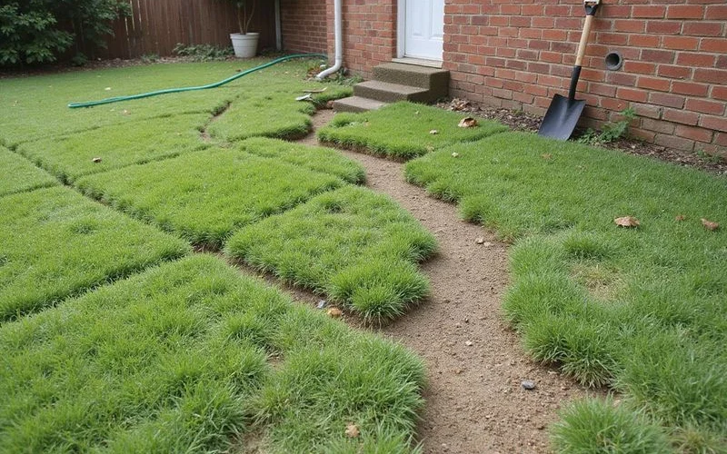 Patched section of lawn and soil along a foundation line where previous pier work was carried out