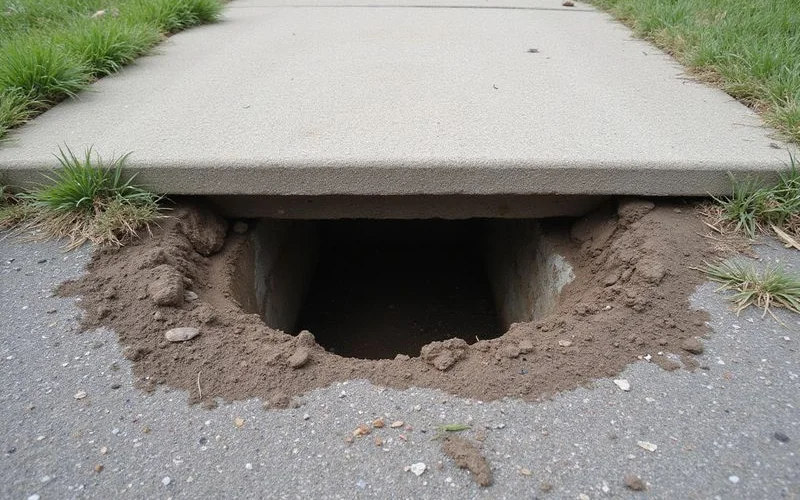 Void visible beneath the edge of a settled concrete sidewalk panel where subgrade has washed out