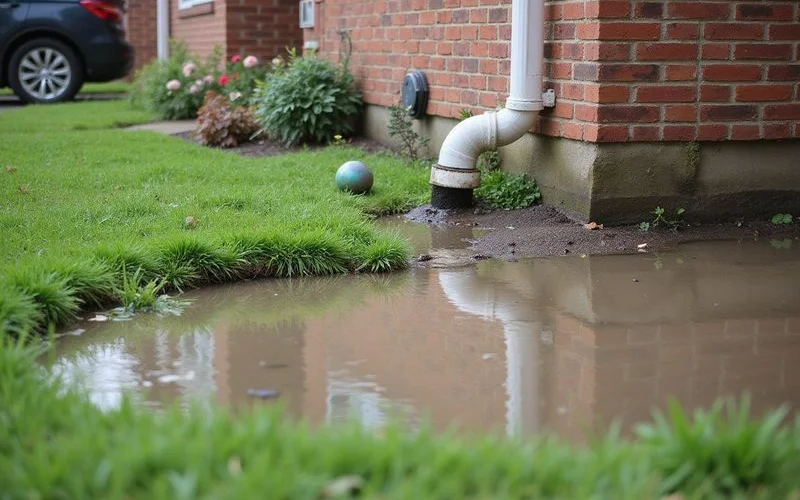 Water pooling in a lawn against a foundation wall after heavy rain