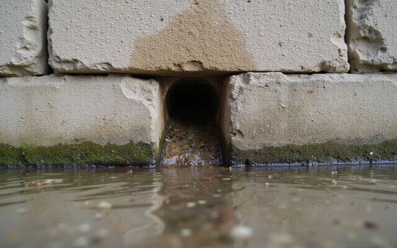 Water seeping from the base of a retaining wall with a blocked weep hole visible