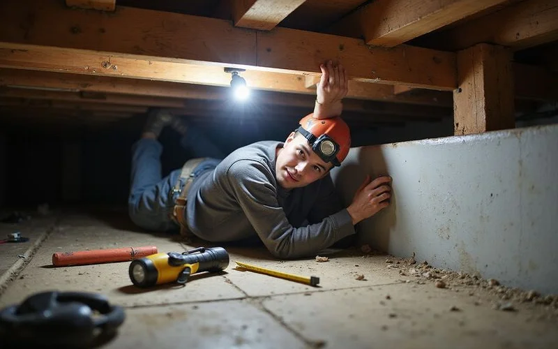 Worker with a headlamp inspecting floor joists and a carry beam in a crawlspace