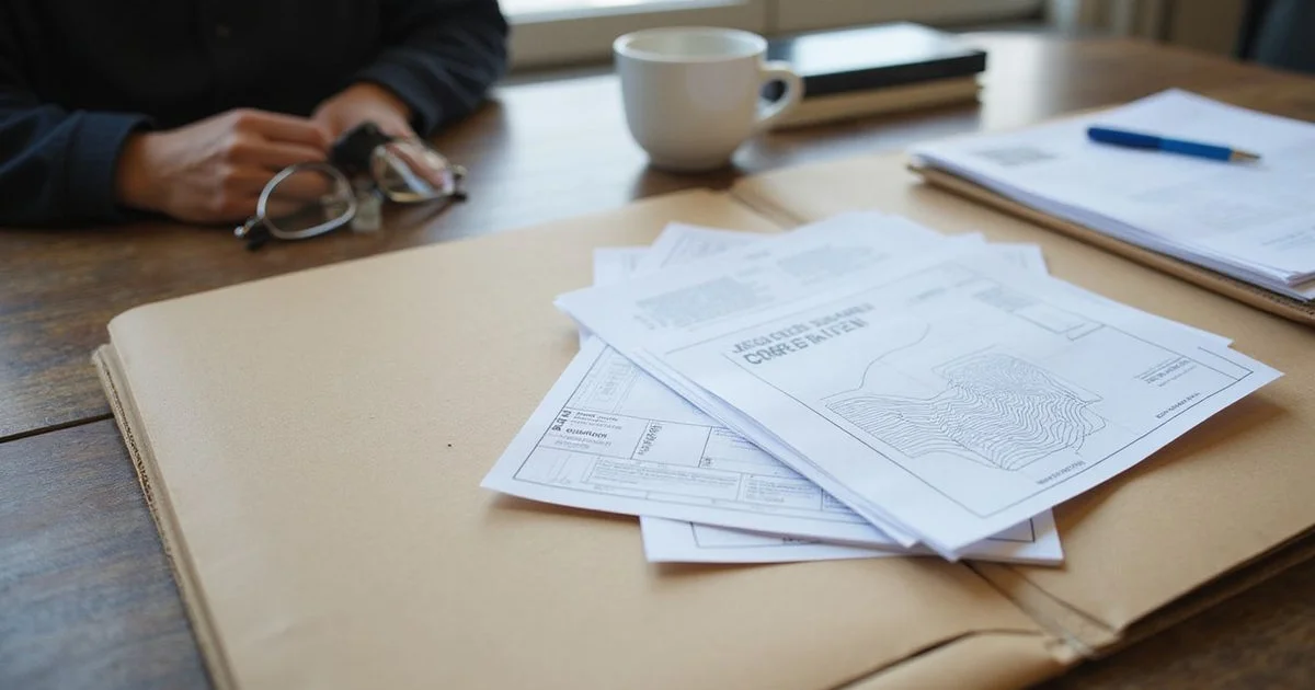 A folder of foundation assessment documents fanned out on a table with an elevation diagram visible