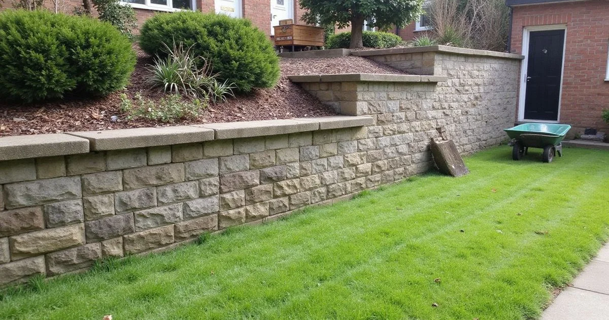 A leaning stone retaining wall in a residential back garden with a visible tilt and separated joints