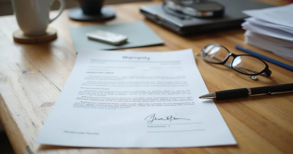 A signed warranty document and pen laid on a wooden desk in natural daylight