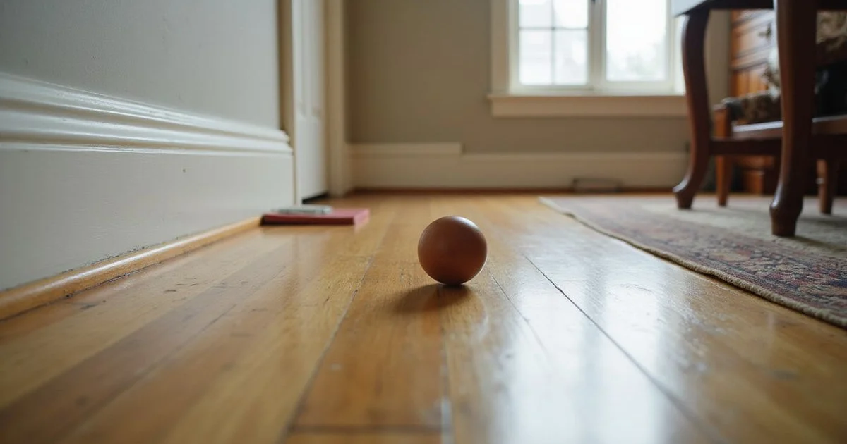 A small ball rolling across a subtly sloped hardwood floor in an older home