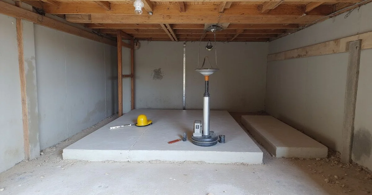 Beam re-support work under an older home with jacks and new concrete pads visible