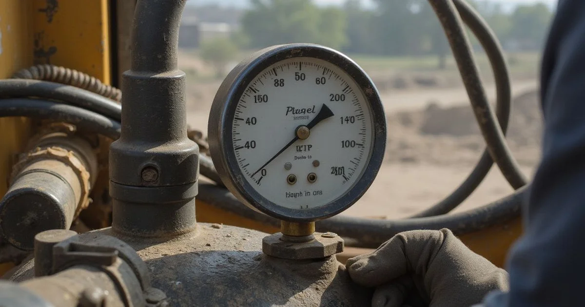 Close-up of a hydraulic pressure gauge during pier driving with an operator's hand on the control