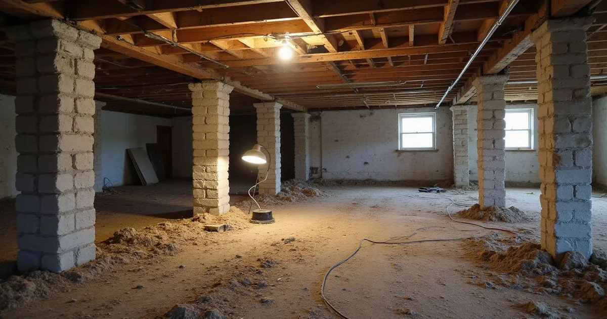 Crawlspace beneath an older home showing masonry piers, timber girders and floor joists