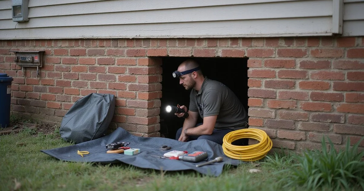 Crew member entering a crawlspace access opening at the side of an older Fort Worth home