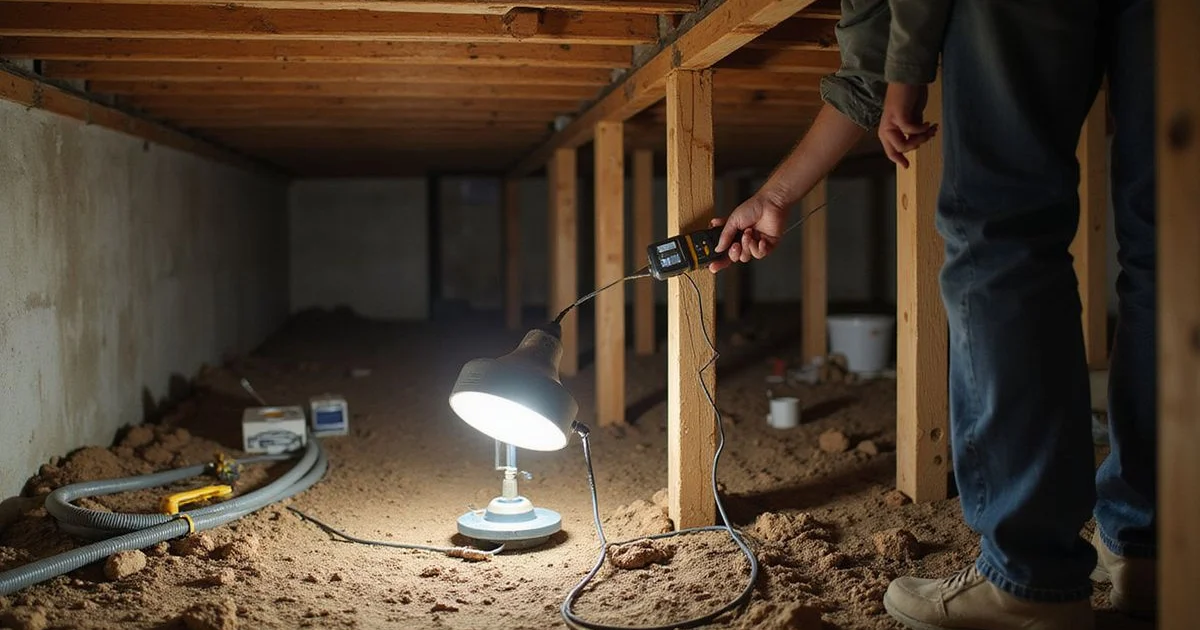 Damp crawlspace with timber framing overhead and a moisture meter held against a joist