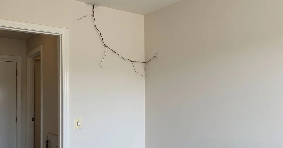 Diagonal crack running from the upper corner of a doorway in the interior wall of a slab home