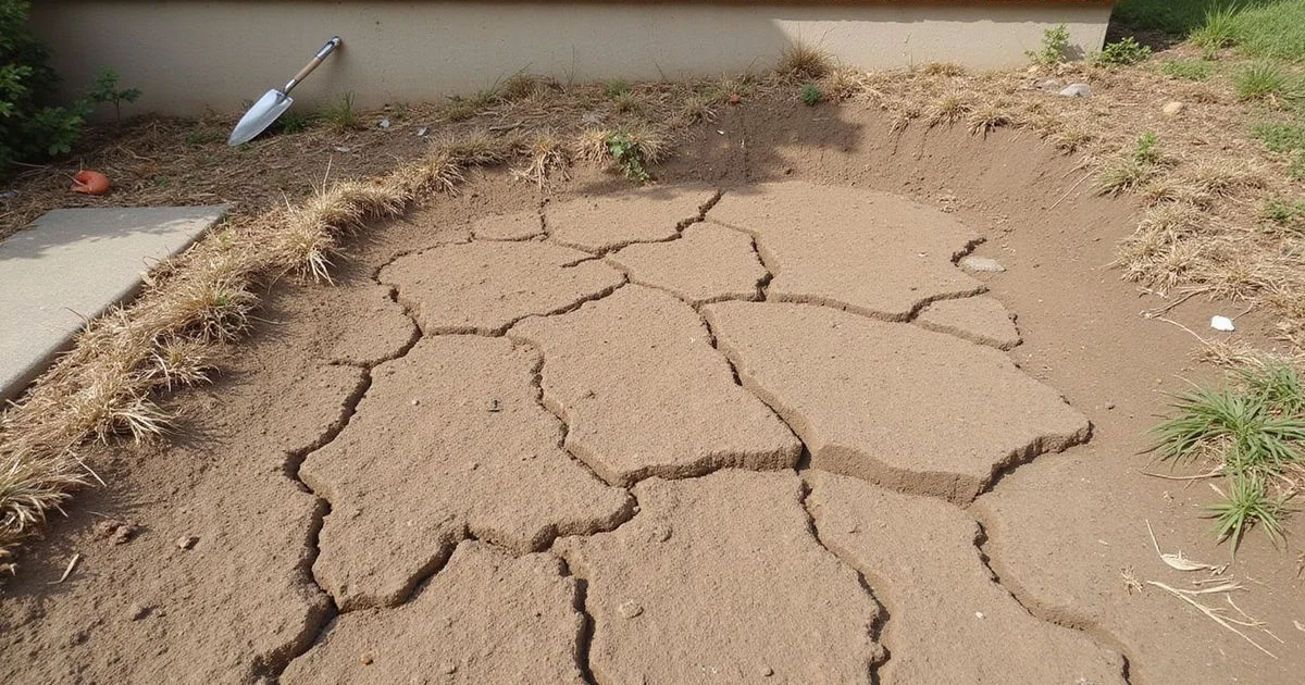 Dry, cracked North Texas clay soil beside a residential concrete foundation in summer