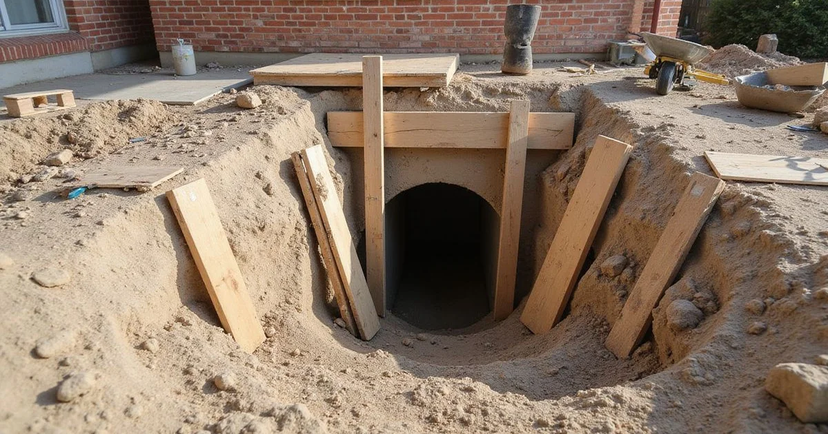 Excavated tunnel entry beside a residential slab foundation with timber shoring and stacked soil