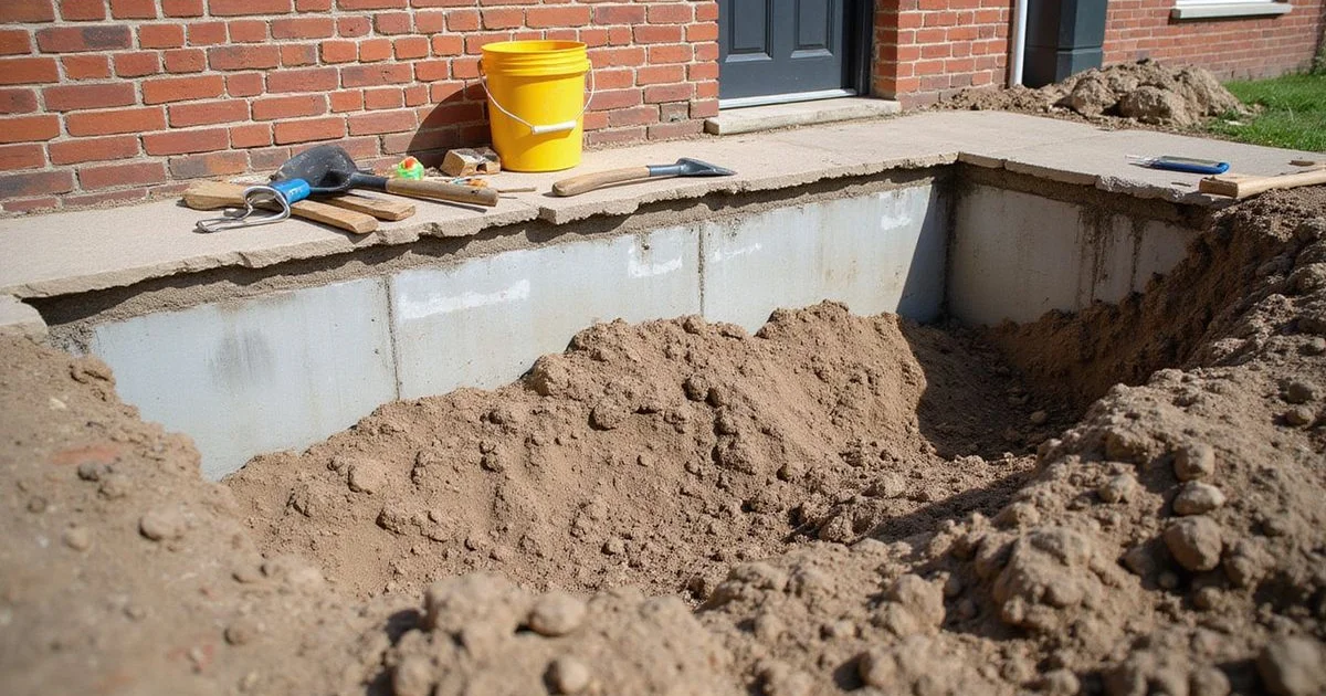 Exposed concrete slab foundation edge beside a brick home prepared for repair work