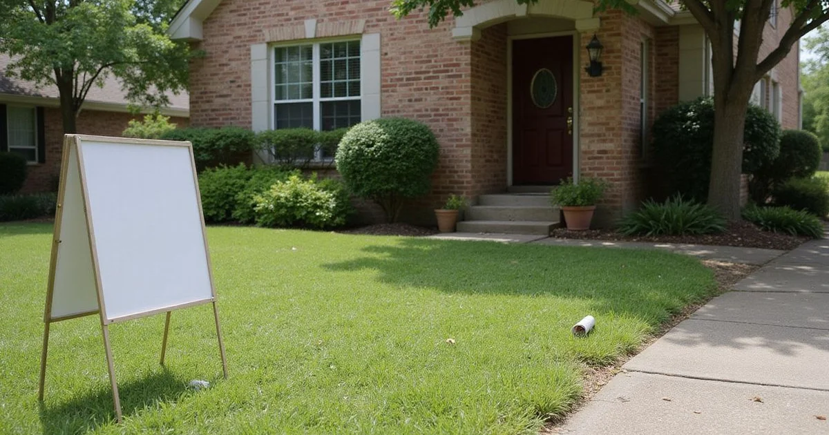 For-sale sign in front of an established Fort Worth brick home with a mature front garden