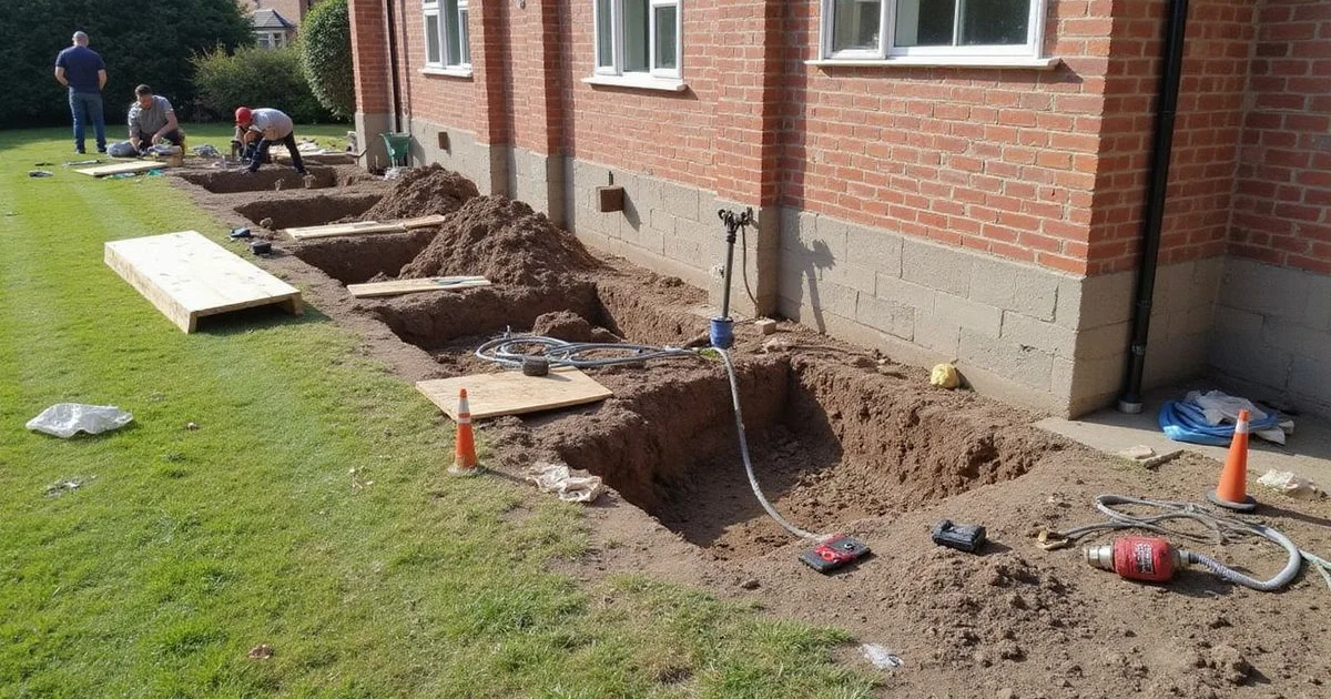 Foundation underpinning work in progress along the perimeter of an established brick home