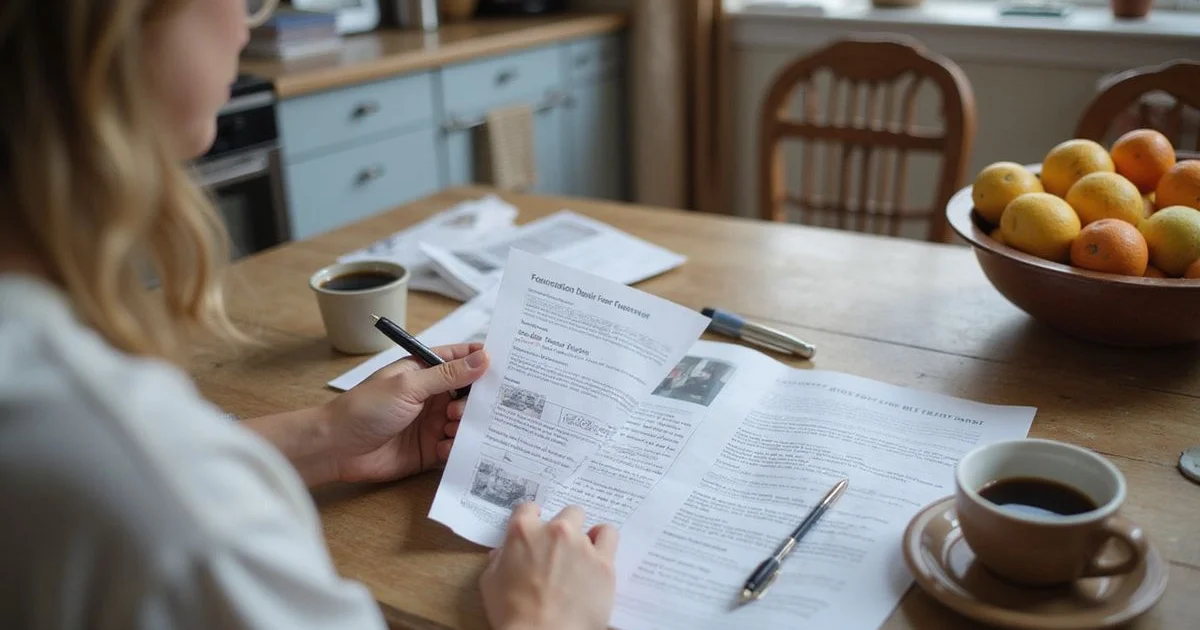 Homeowner reviewing a printed foundation repair proposal at a kitchen table in natural daylight