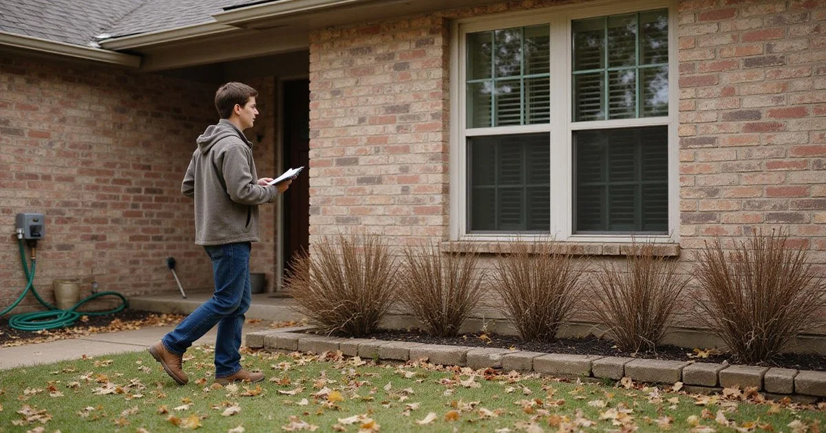 Homeowner walking the exterior of a Fort Worth brick home in autumn examining the wall above a window