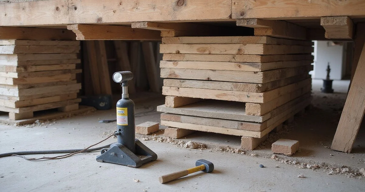 Hydraulic jacks and timber cribbing set beneath a carry beam during a house leveling operation