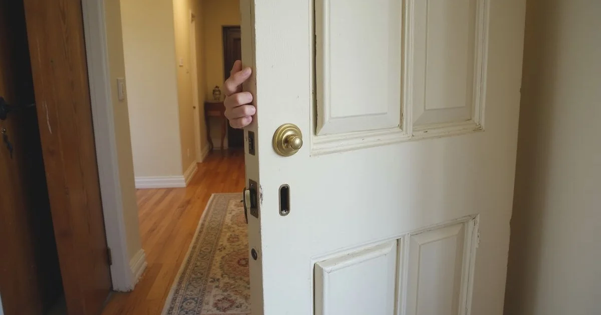 Interior door sitting slightly out of square in its frame with an uneven gap along the top edge