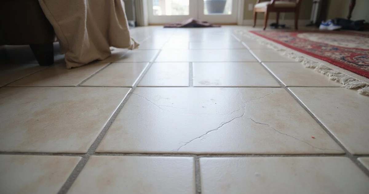 Interior tiled floor with a subtle rise near the center and fine hairline cracking