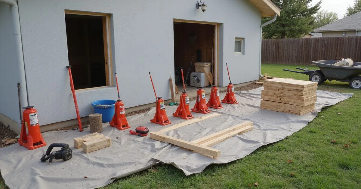 Levelling equipment, jacks and timber cribbing staged around the side of a home ready for work