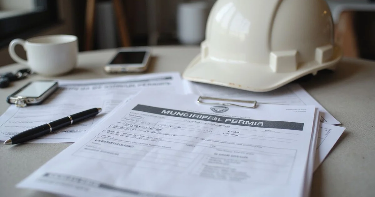 Municipal permit paperwork and a hard hat laid on a table in natural daylight