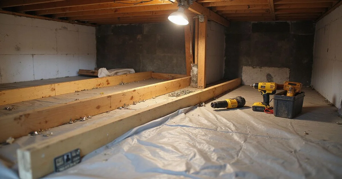 New sister joist bolted alongside an original timber joist beneath a subfloor in a crawlspace