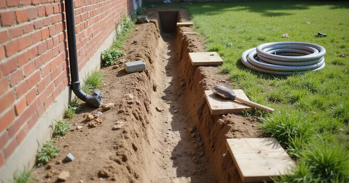 Open drainage trench work running beside a residential foundation with the brick wall visible above